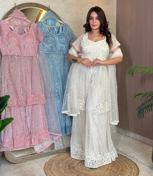 Pink Blue White Long Sharara Suit Dress Material