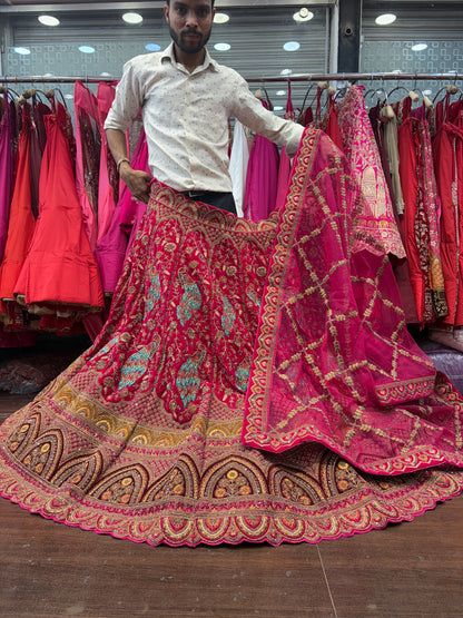 Fantastic Rani pink peacock handwork handmade bridal Lehenga