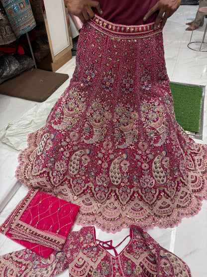 Good looking pink peacock crop top Lehenga