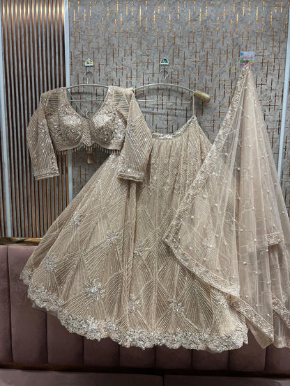 Beige Golden Crop Top Lehenga