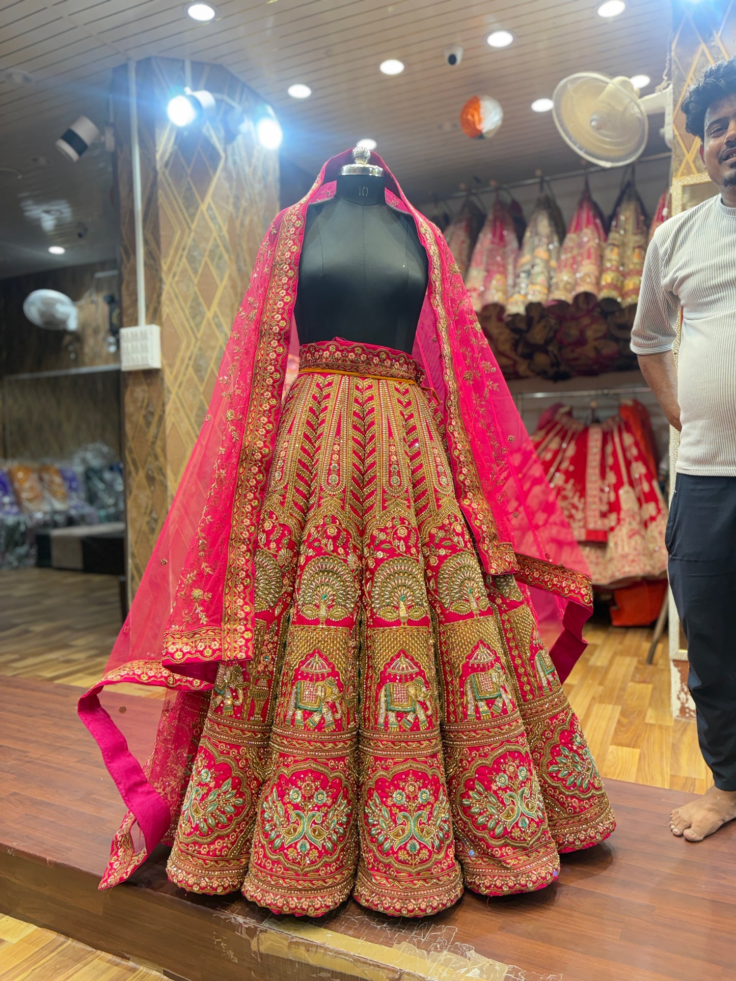 Peacock elephant figure rani pink ball bridal Lehenga