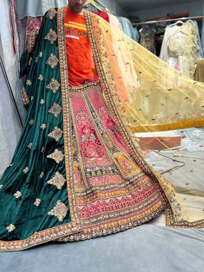 Astonishing pink golden double dupatta bridal Lehenga