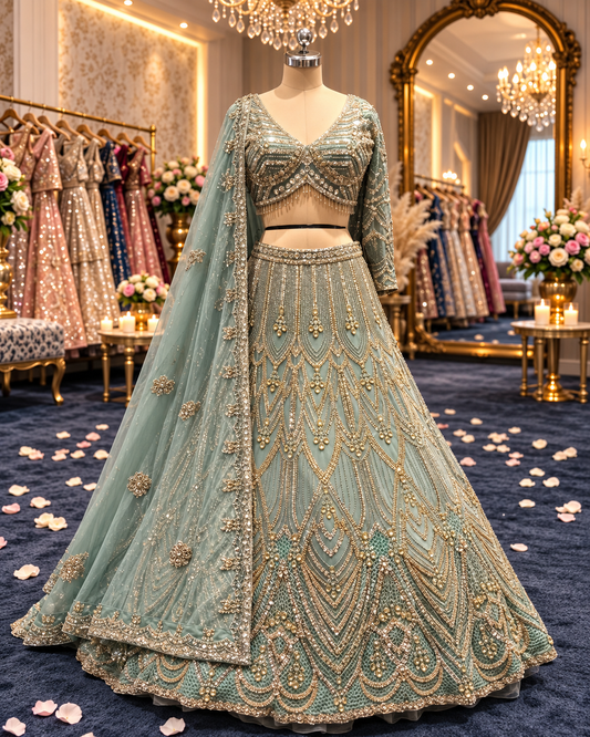 Green crop top lehenga