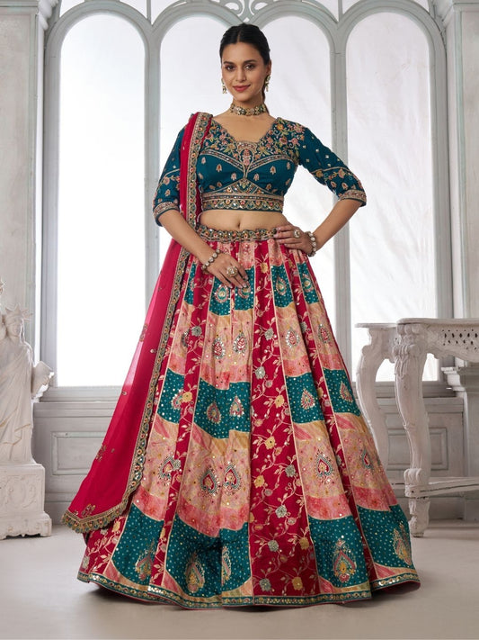 Pink Blue Multikali Designer Crop Top Lehenga