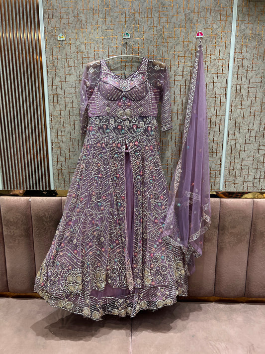 Lavender Farshi Garara Muslim Special Long Peplum Dress Lehenga