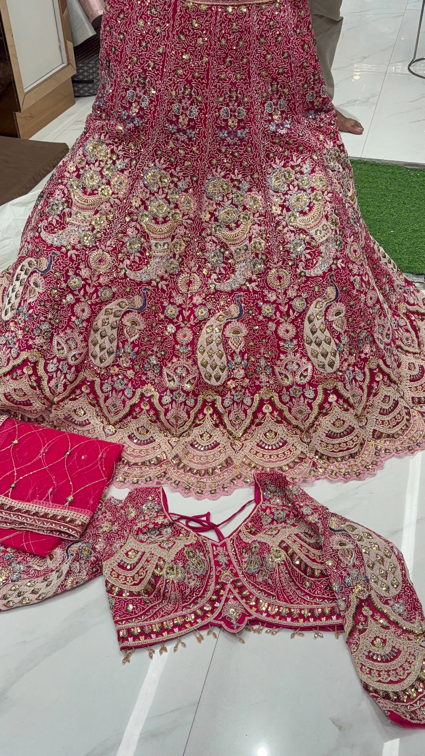 Good looking pink peacock crop top Lehenga