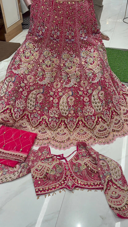 Good looking pink peacock crop top Lehenga