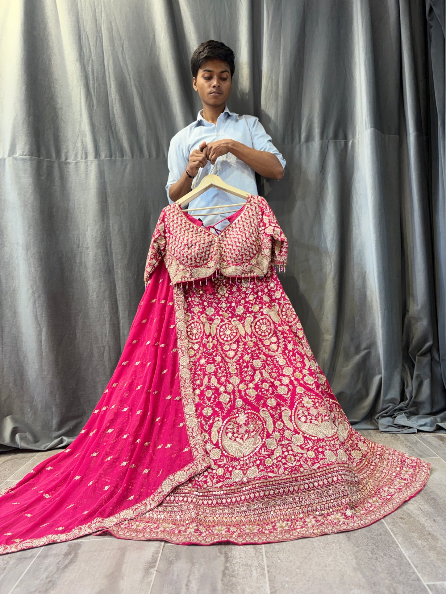 Elegant dark pink peacock crop top Lehenga
