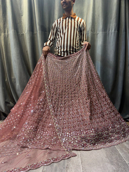 Embellished Brown peach Crop Top Lehenga