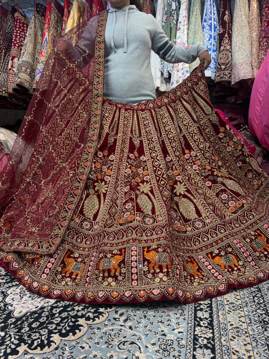Beautiful Maroon peacock Bridal Lehenga