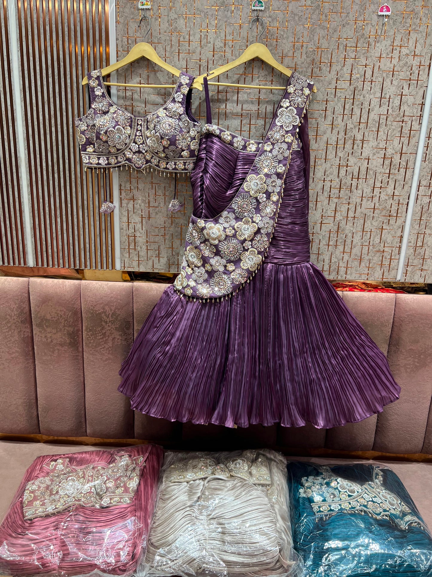 Purple Fishcut Crop Top Lehenga