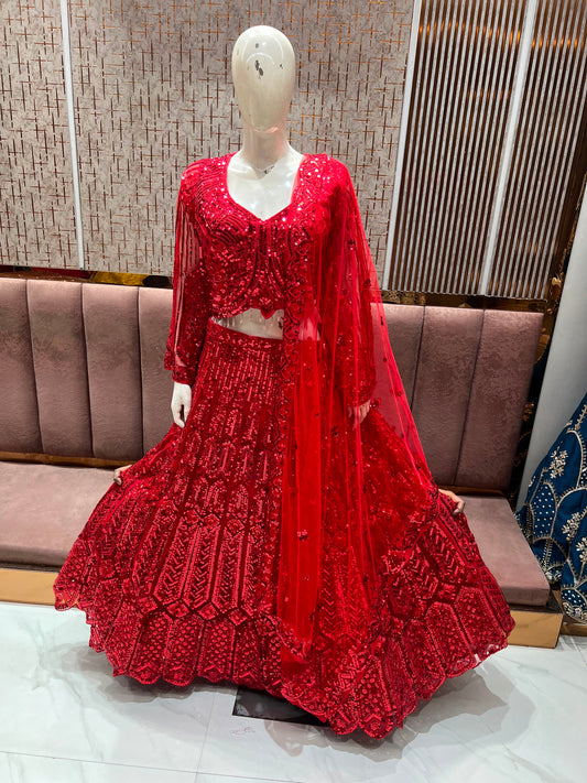 Red on Red Monotone Crop Top Lehenga Xxxl Size