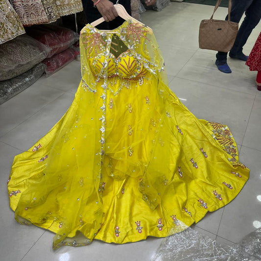 Pleasing yellow Haldi mehendi Pdp Crop top Lehenga