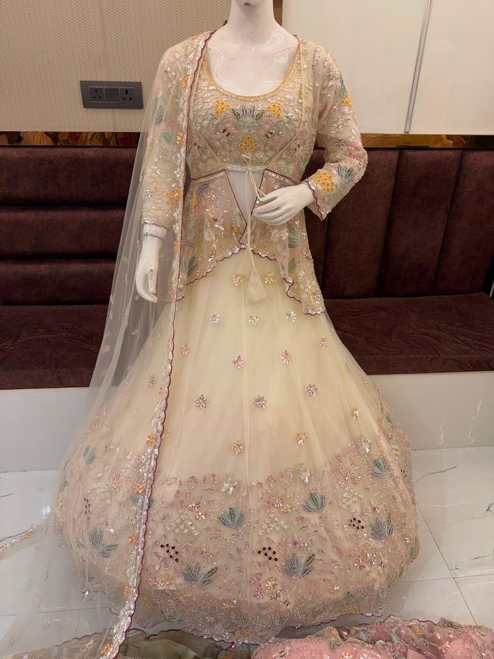 Golden pink green crop top Lehenga