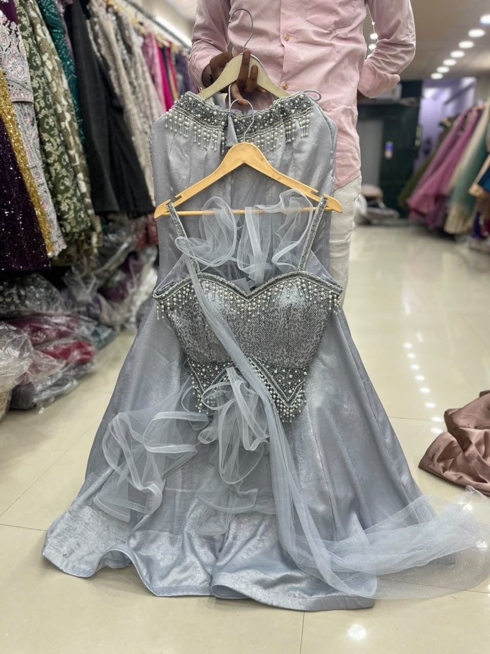 Lavender Fish Cut Crop Top Lehenga