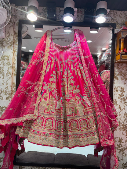 Fabulous rani pink peacock handwork bridal Lehenga