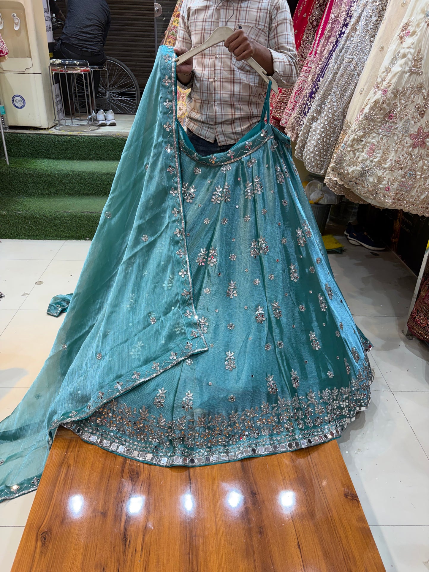Sky Blue Mirror Work Lehenga