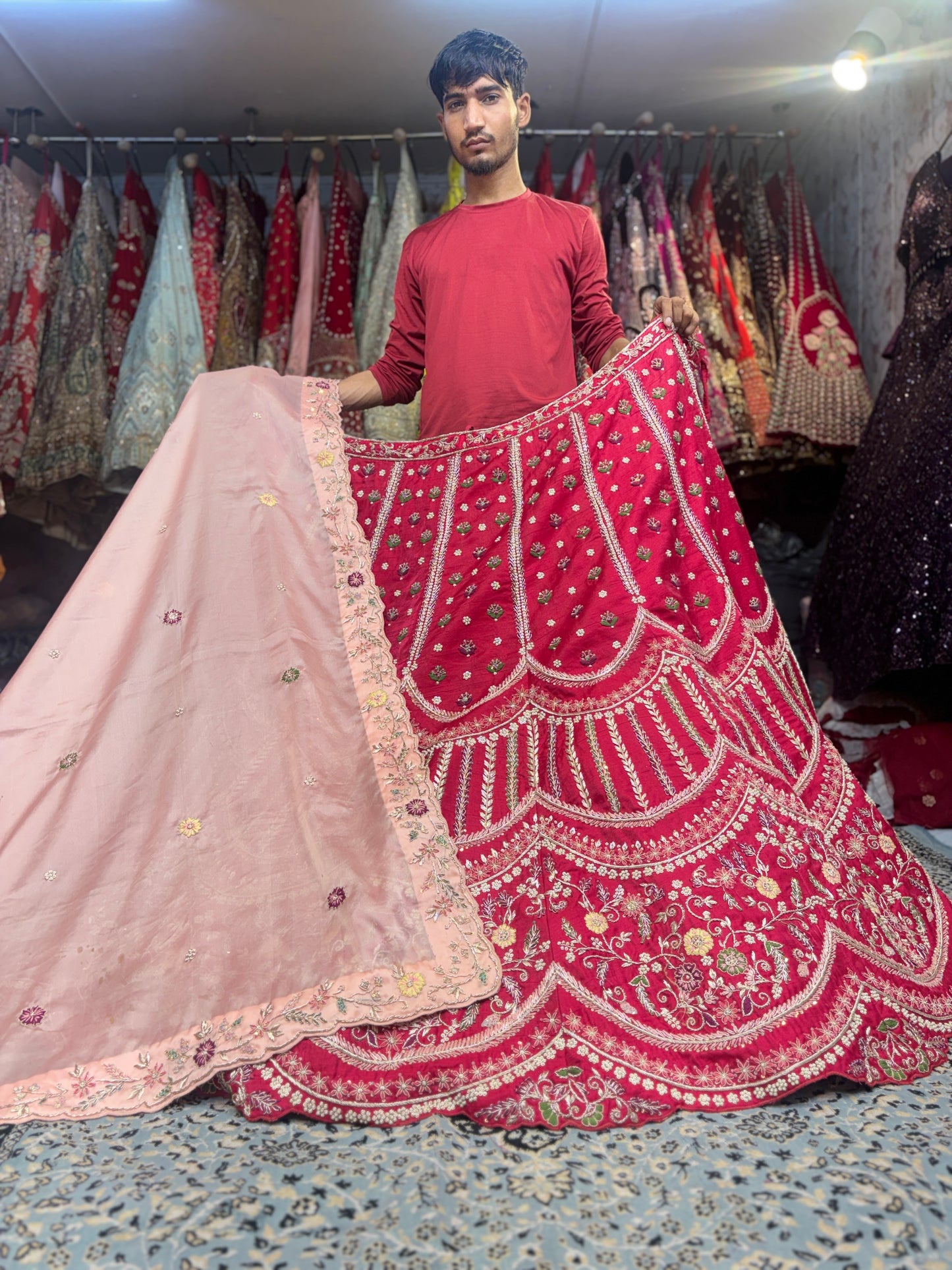 Attractive red rani pink bridal Lehenga handwork light pink contrast dupatta