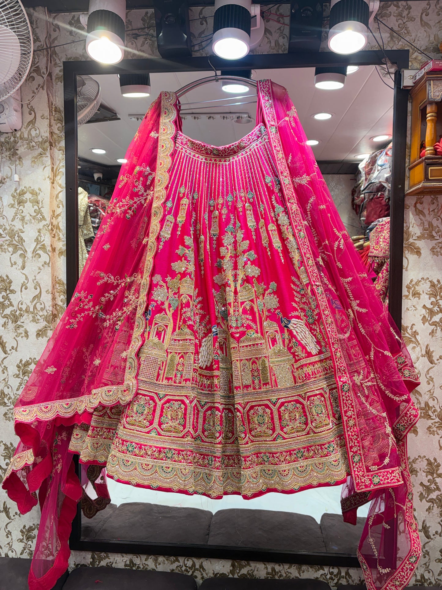 Fabulous rani pink peacock handwork bridal Lehenga