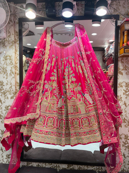 Fabulous rani pink peacock handwork bridal Lehenga