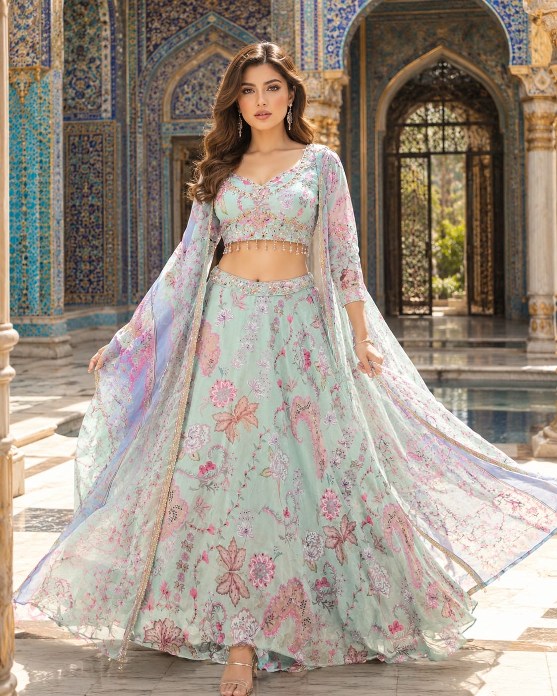 Sky Blue Crop Top Lehenga