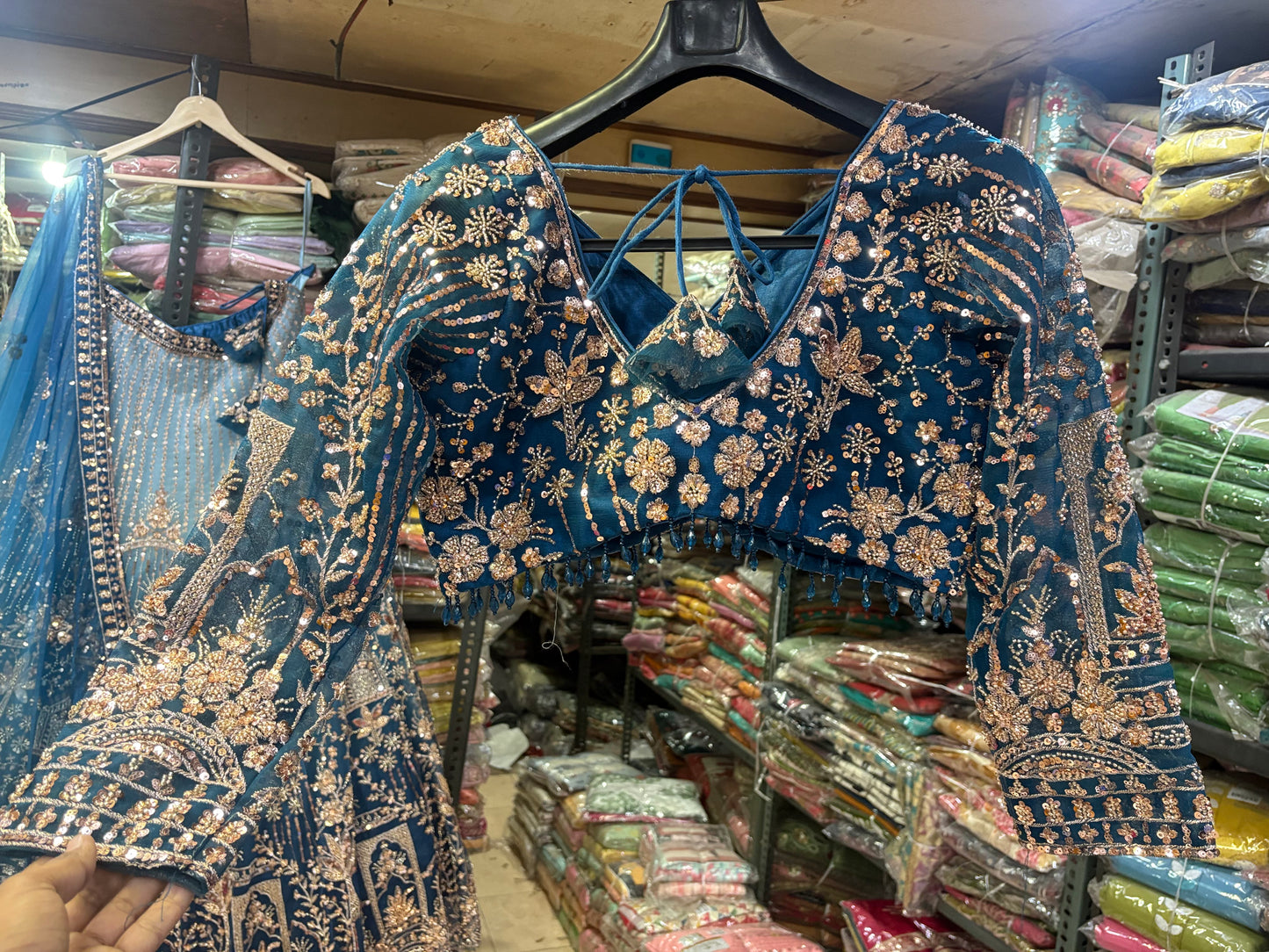 Embellished Blue Double Shade Crop Top Lehenga