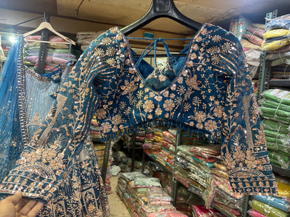 Embellished Blue Double Shade Crop Top Lehenga