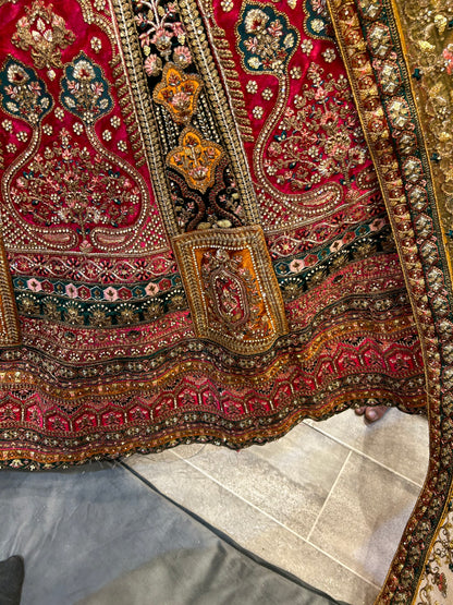 Astonishing pink golden double dupatta bridal Lehenga