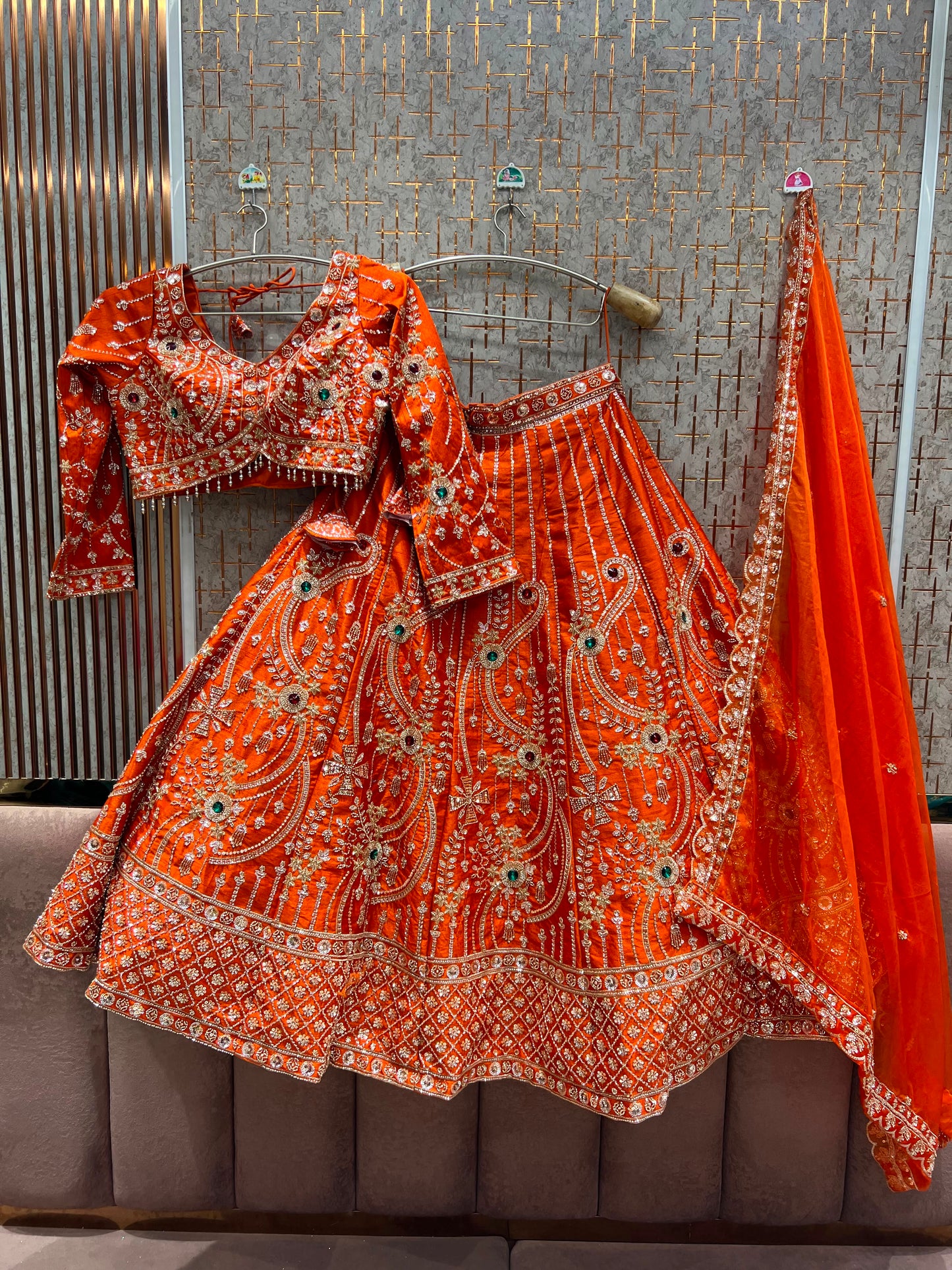 Orange jewellery theme crop Top Lehenga