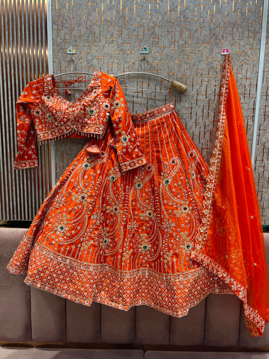 Orange jewellery theme crop Top Lehenga