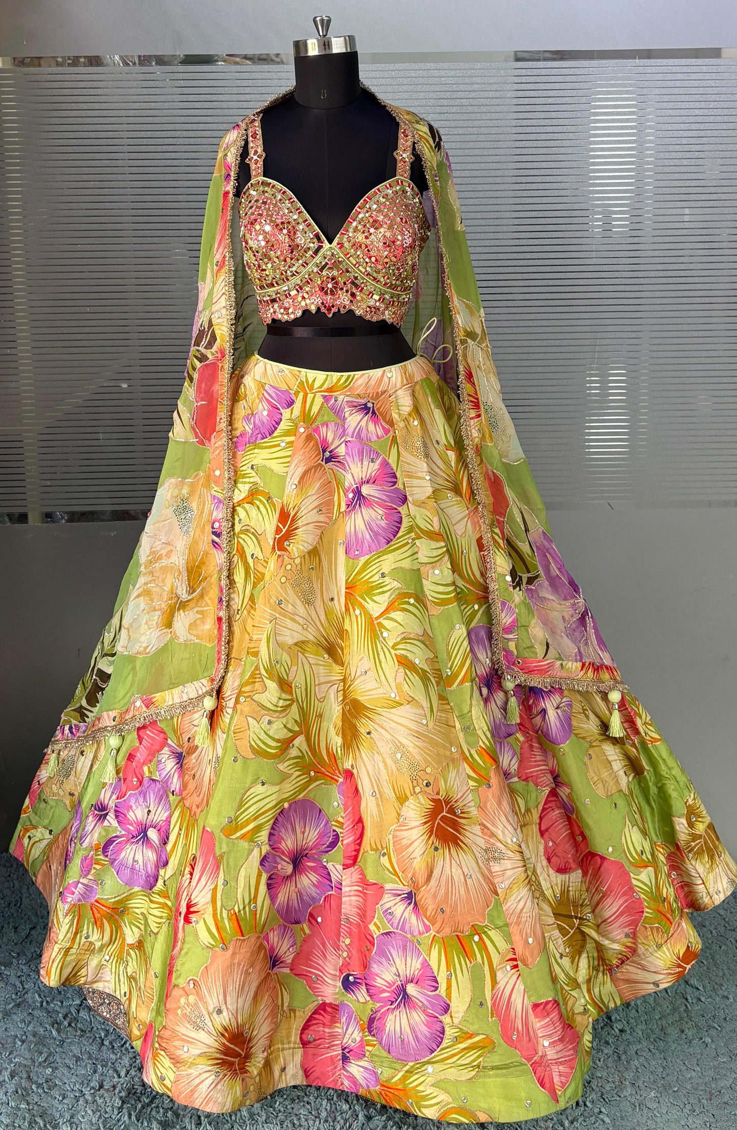 Yellow Green Multicolour Crop Top Lehenga