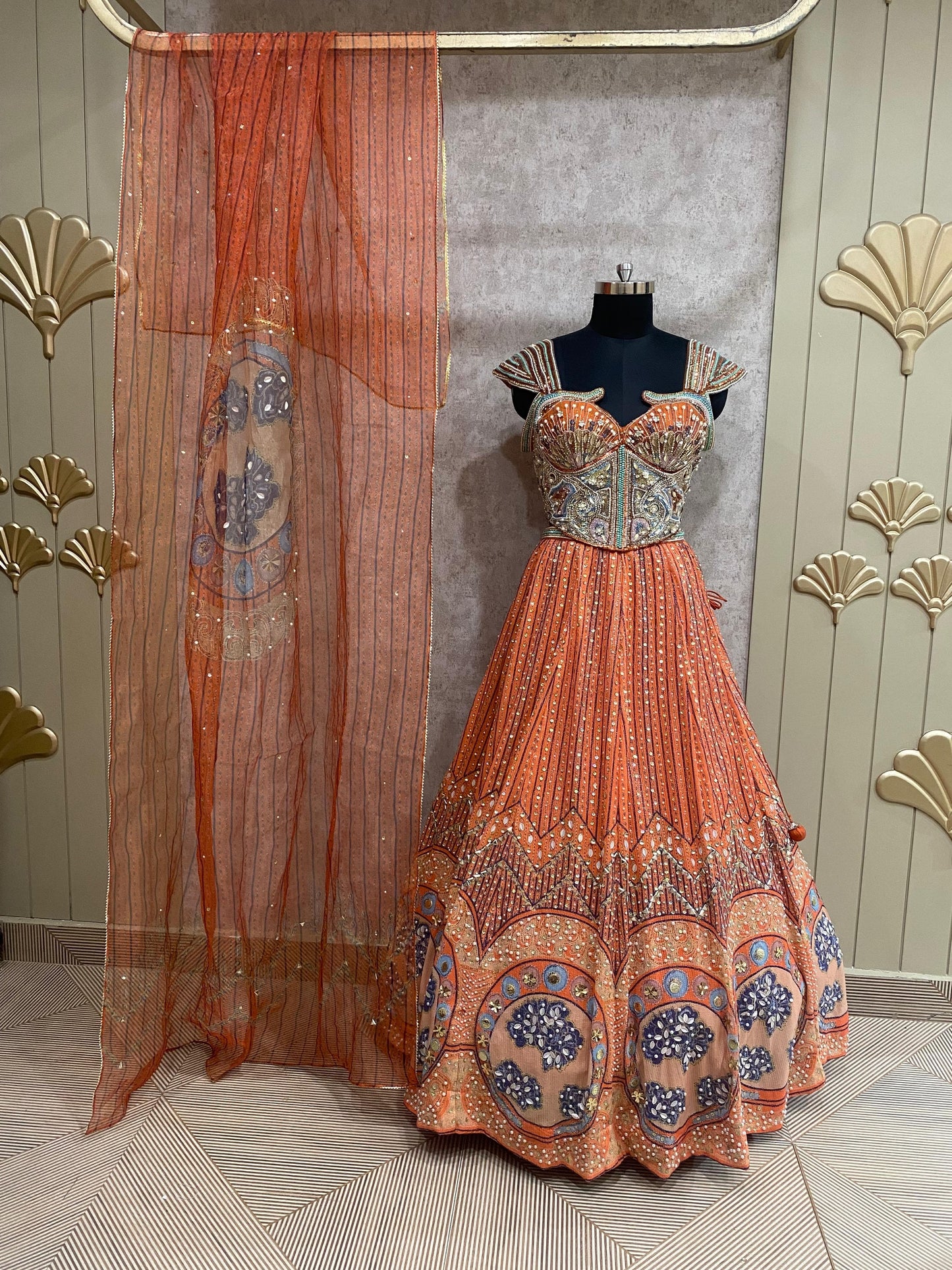 Orange Peach Crop Top Lehenga