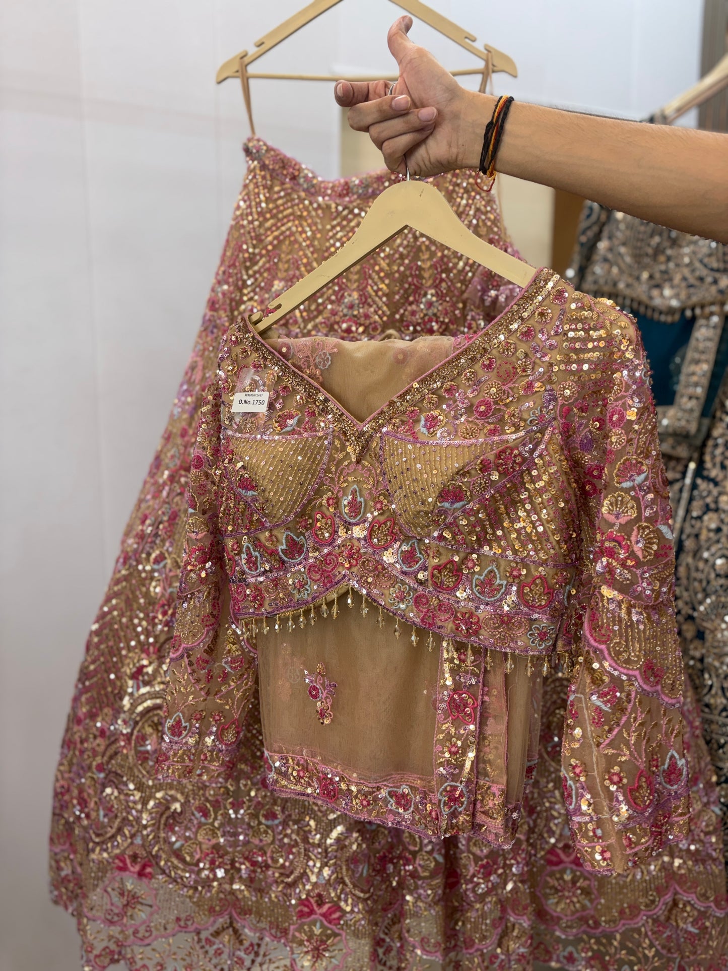 Stunning beige pink beads crop top Lehenga