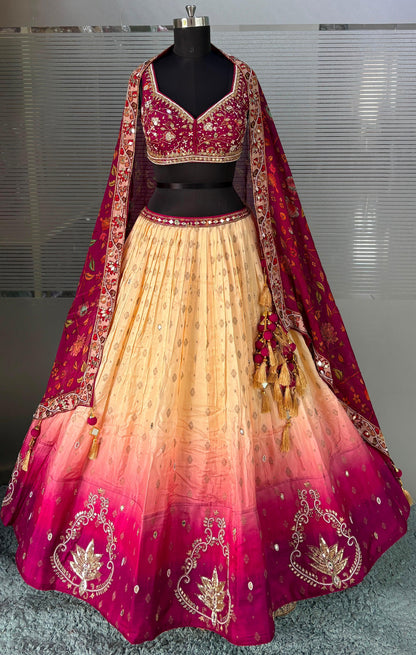 Hot Pink Golden Double Shade Crop Top Lehenga