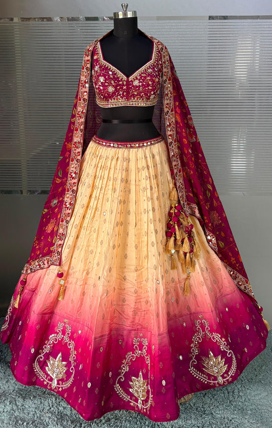 Hot Pink Golden Double Shade Crop Top Lehenga