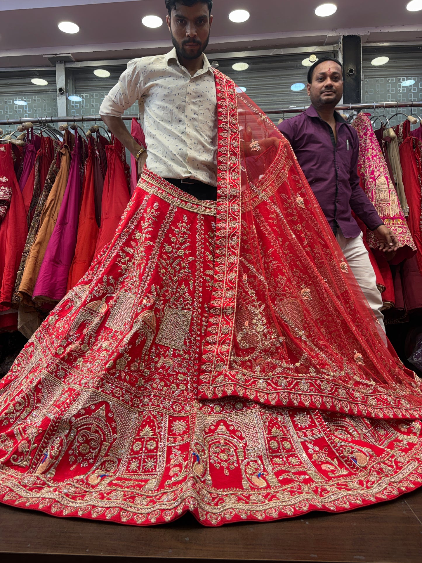 Attractive red zardozi dabka handwork handmade bridal Lehenga