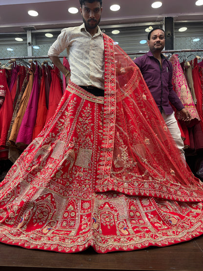 Attractive red zardozi dabka handwork handmade bridal Lehenga