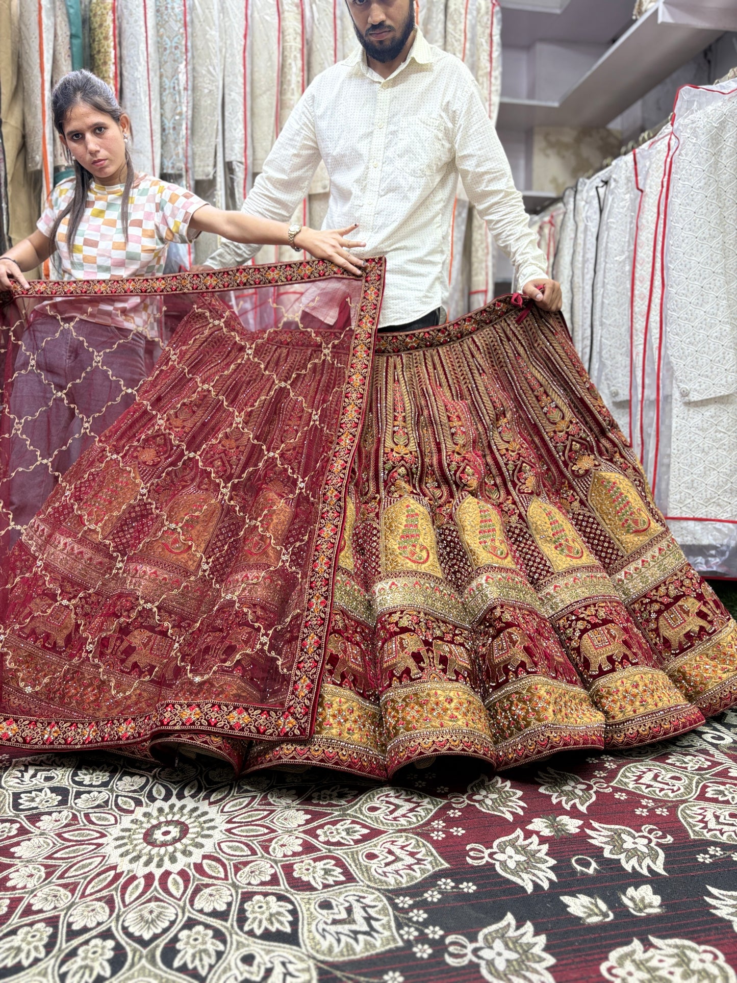 Embellished maroon peacock ball bridal Lehenga