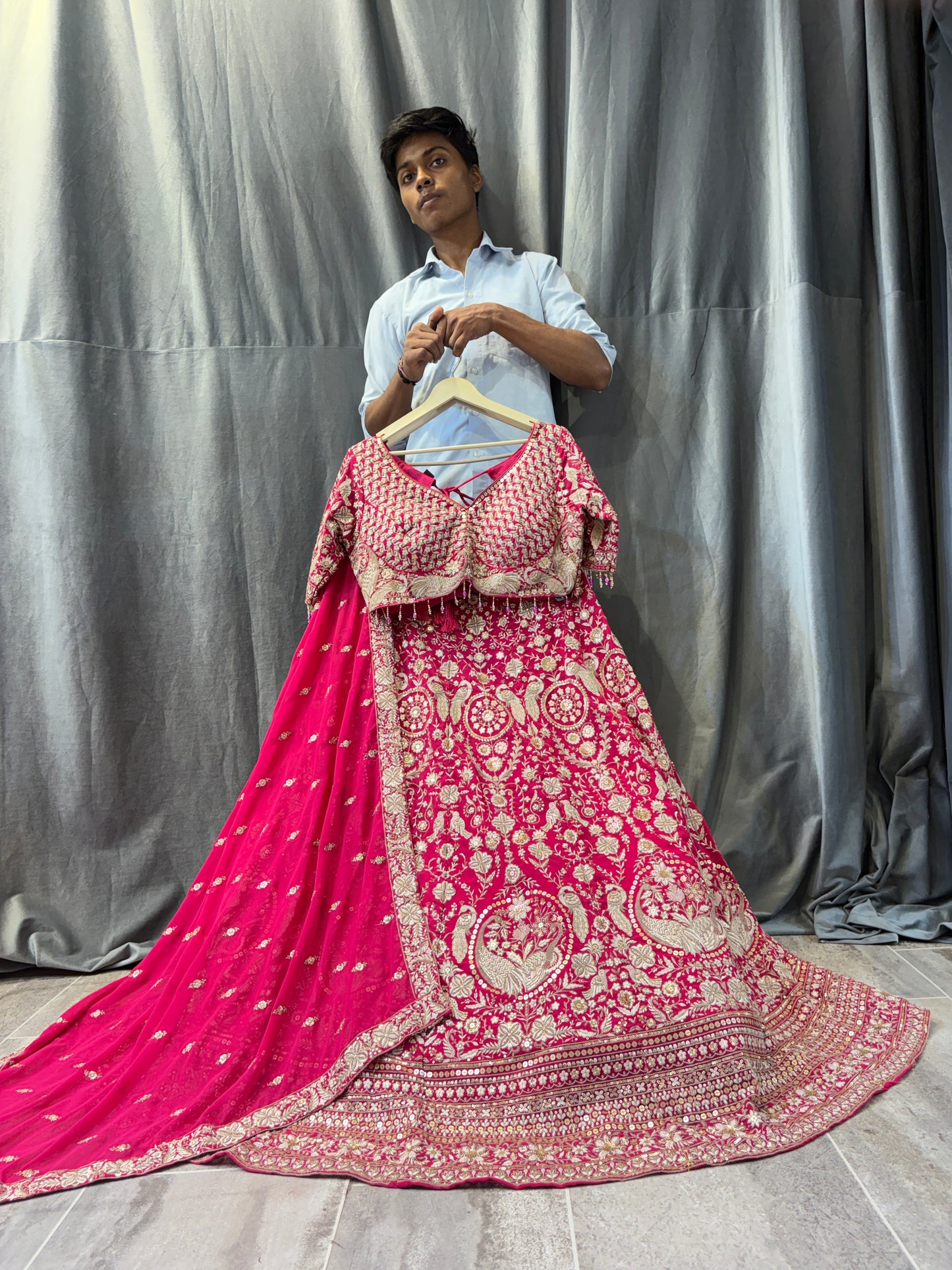 Elegant dark pink peacock crop top Lehenga