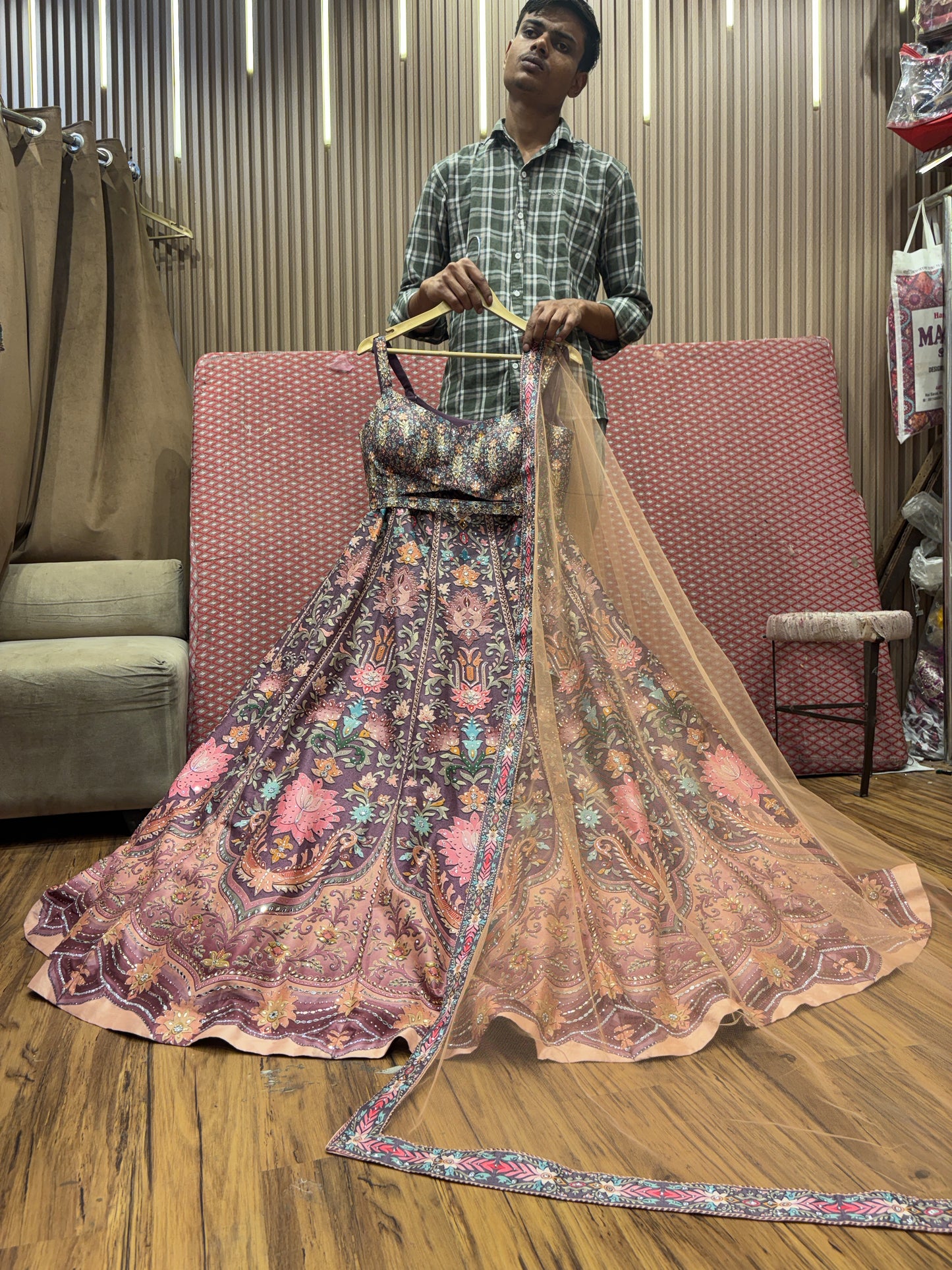 Pretty purple peach crop top Lehenga