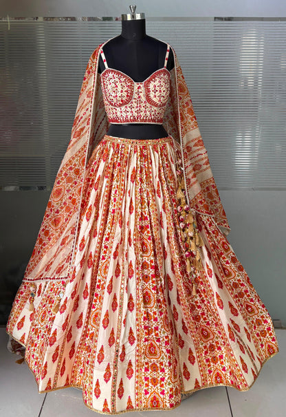 White Orange Crop Top Lehenga