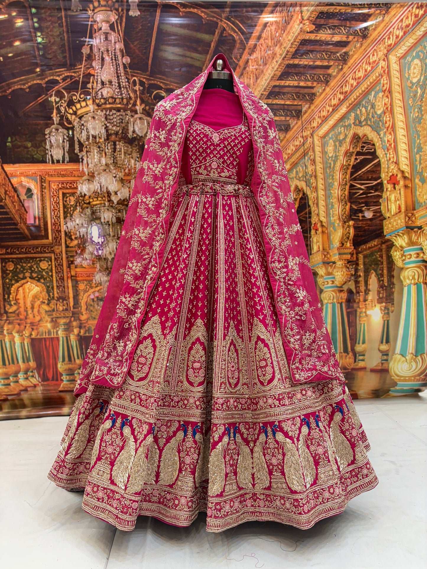 Eye catching rani pink peacock pure handwork heavy bridal Lehenga