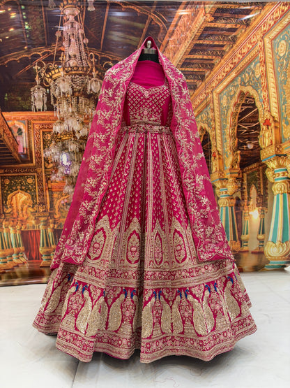 Eye catching rani pink peacock pure handwork heavy bridal Lehenga