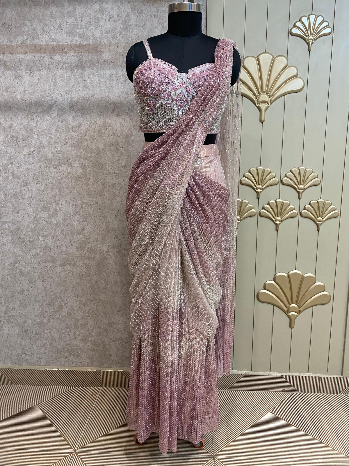 Pink Designer Ready To Wear Drape Saree
