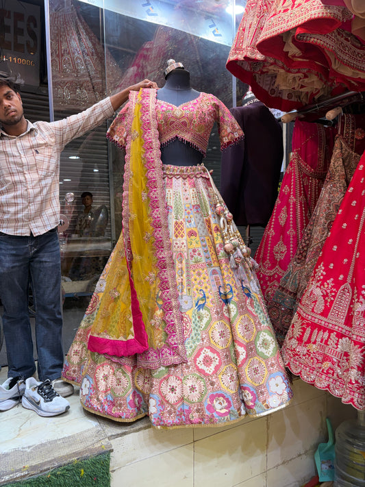 Designer Pink White Peacock Lehenga