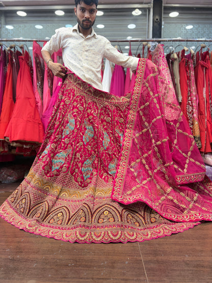 Fantastic Rani pink peacock handwork handmade bridal Lehenga