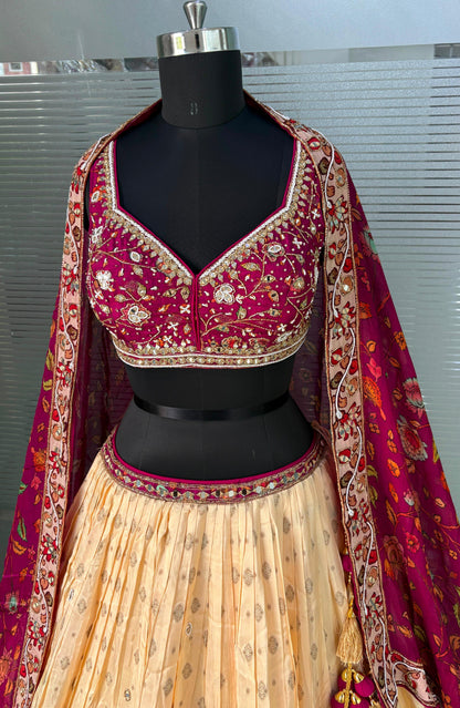 Hot Pink Golden Double Shade Crop Top Lehenga