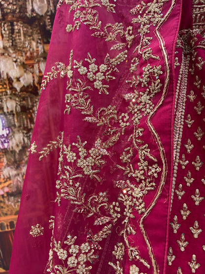 Eye catching rani pink peacock pure handwork heavy bridal Lehenga