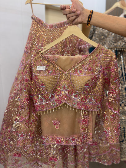 Stunning beige pink beads crop top Lehenga