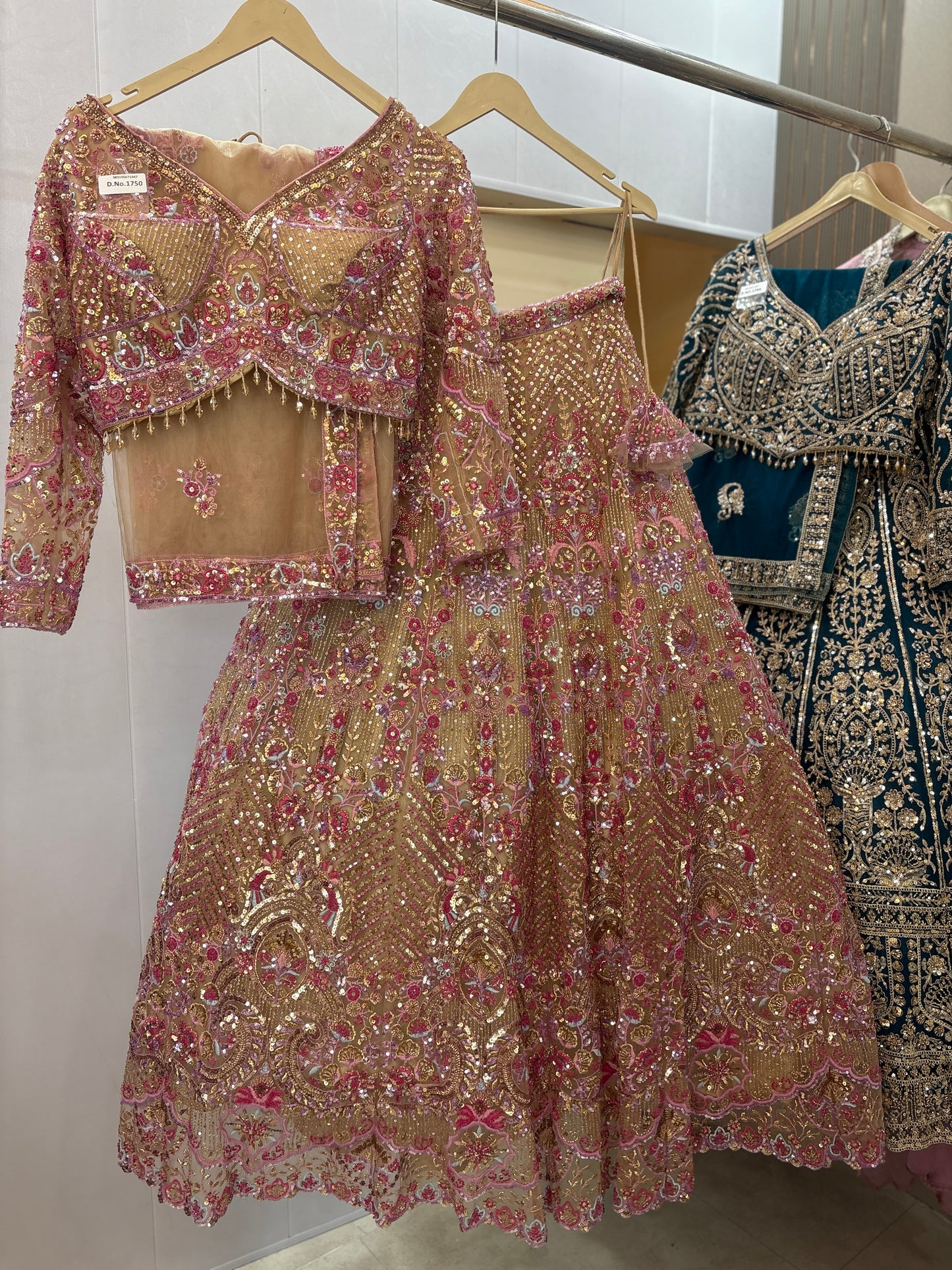 Stunning beige pink beads crop top Lehenga